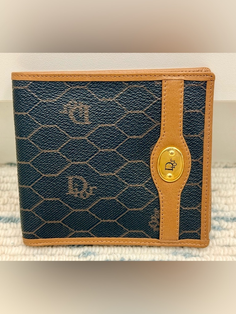 DIOR Vintage Unisex Icon Brown Honeycomb Monogram Canvas Leather Bifold Wallet